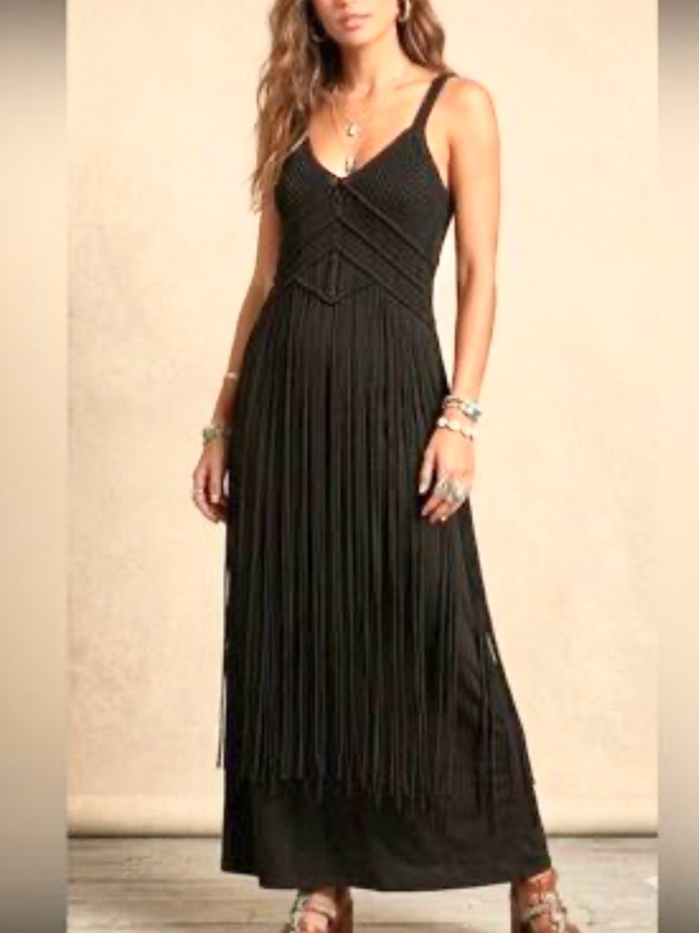 RALPH LAUREN DENIM & SUPPLY BLACK CROCHET OVERLAY LONG FRINGE BOHO MAXI DRESS M - Picture 5 of 14